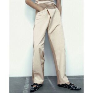 - Zara Crossover Pants Rustic Contrasting High Waist Beige Size L Womens 0085